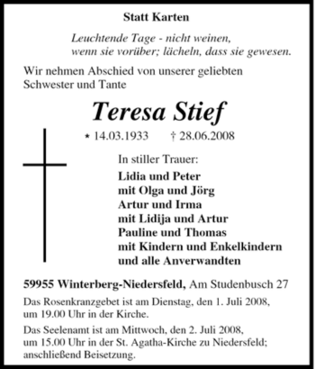 Traueranzeige von Teresa Stief von Tageszeitung