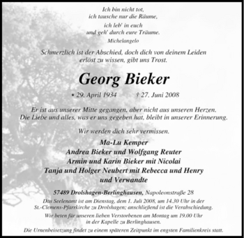 Traueranzeige von Georg Bieker von Tageszeitung