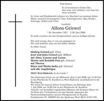 Traueranzeige von Alfons Griewel von Tageszeitung