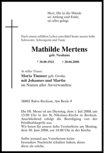 Traueranzeige von Mathilde Mertens von Tageszeitung