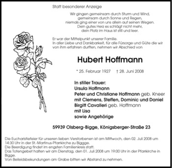 Traueranzeige von Hubert Hoffmann von Tageszeitung