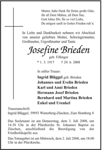 Traueranzeige von Josefine Brieden von Tageszeitung