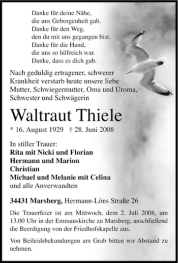 Traueranzeige von Waltraut Thiele von Tageszeitung