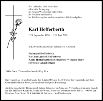 Traueranzeige von Karl Hofferberth von Tageszeitung
