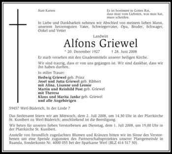 Traueranzeige von Alfons Griewel von Tageszeitung