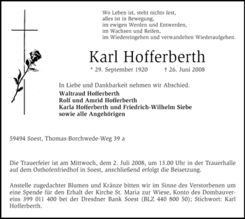 Traueranzeige von Karl Hofferberth von Tageszeitung