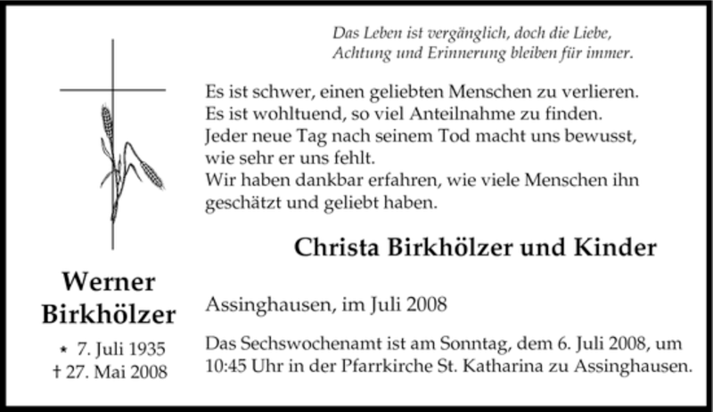  Traueranzeige für Werner Birkhölzer vom 01.07.2008 aus Tageszeitung