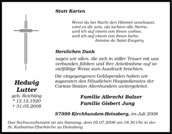 Traueranzeige von Hedwig Lutter von Tageszeitung