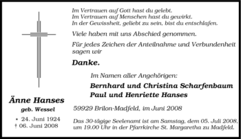Traueranzeige von Änne Hanses von Tageszeitung