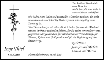 Traueranzeige von Inge Thiel von Tageszeitung