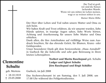 Traueranzeige von Clementine Schulte von Tageszeitung