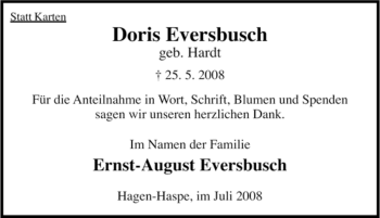 Traueranzeige von Doris Eversbusch von Tageszeitung