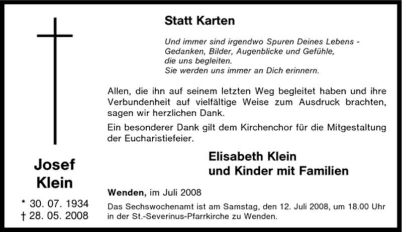  Traueranzeige für Josef Klein vom 02.07.2008 aus Tageszeitung