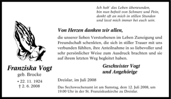 Traueranzeige von Franziska Vogt von Tageszeitung