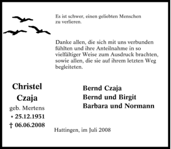 Traueranzeige von Christel Czaja von Tageszeitung