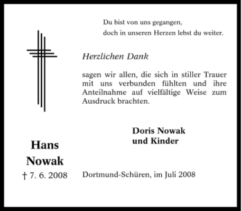 Traueranzeige von Hans Nowak von Tageszeitung
