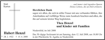 Traueranzeige von Hubert Henzel von Tageszeitung