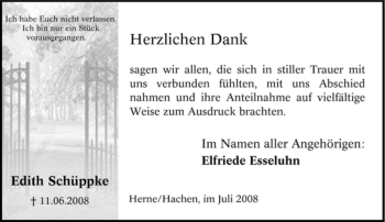 Traueranzeige von Edith Schüppke von Tageszeitung