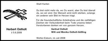 Traueranzeige von Herbert Ostholt von Tageszeitung