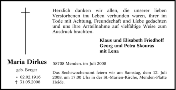 Traueranzeige von Maria Dirkes von Tageszeitung