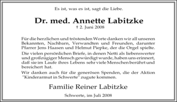 Traueranzeige von Annette Labitzke von Tageszeitung