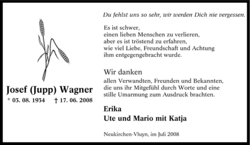  Traueranzeige für Josef Wagner vom 05.07.2008 aus Tageszeitung