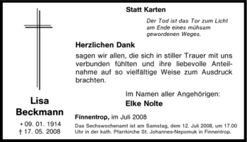 Traueranzeige von Lisa Beckmann von Tageszeitung