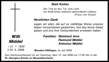 Traueranzeige von Willi Middel von Tageszeitung