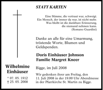 Traueranzeige von Wilhelmine Einhäuser von Tageszeitung