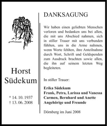 Traueranzeige von Horst Südekum von Tageszeitung