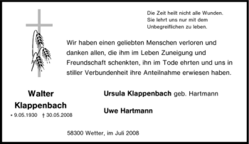 Traueranzeige von Walter Klappenbach von Tageszeitung