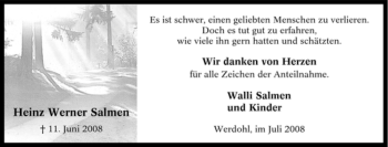 Traueranzeige von Heinz Werner Salmen von Tageszeitung