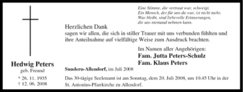 Traueranzeige von Hedwig Peters von Tageszeitung