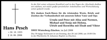 Traueranzeige von Hans Pesch von Tageszeitung