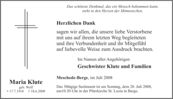 Traueranzeige von Maria Klute von Tageszeitung