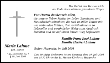Traueranzeige von Maria Lahme von Tageszeitung