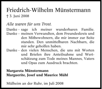 Traueranzeige von Friedrich-Wilhelm Münstermann von Tageszeitung
