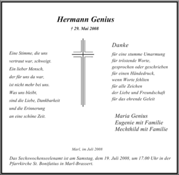 Traueranzeige von Hermann Genius von Tageszeitung