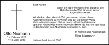 Traueranzeige von Otto Niemann von Tageszeitung