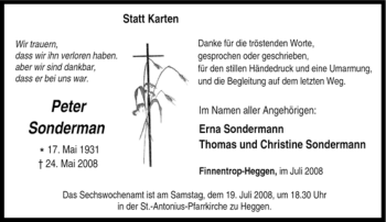 Traueranzeige von Peter Sonderman von Tageszeitung