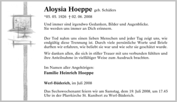 Traueranzeige von Aloysia Hoeppe von Tageszeitung