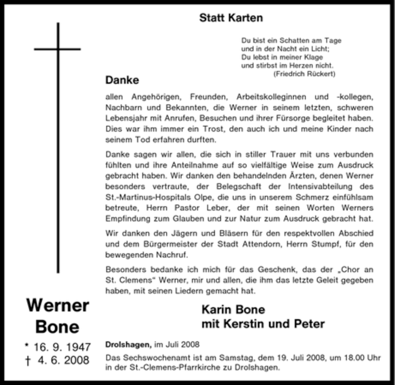  Traueranzeige für Werner Bone vom 15.07.2008 aus Tageszeitung