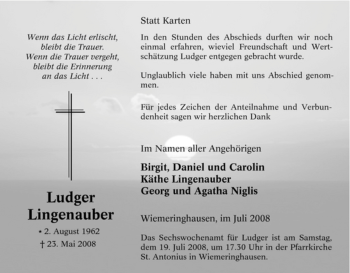 Traueranzeige von Ludger Lingenauber von Tageszeitung