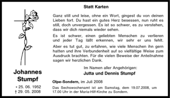 Traueranzeige von Johannes Stumpf von Tageszeitung