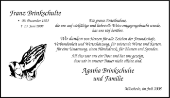 Traueranzeige von Franz Brinkschulte von Tageszeitung