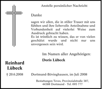 Traueranzeige von Reinhard Lübeck von Tageszeitung