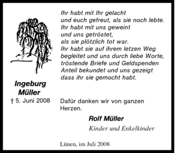Traueranzeige von Ingeburg Müller von Tageszeitung