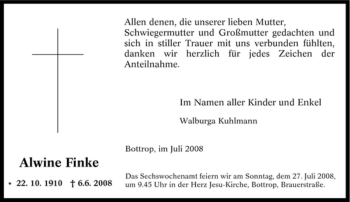 Traueranzeige von Alwine Finke von Tageszeitung