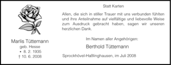 Traueranzeige von Marlis Tüttemann von Tageszeitung