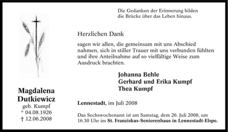  Traueranzeige für Magdalena Dutkiewicz vom 19.07.2008 aus Tageszeitung